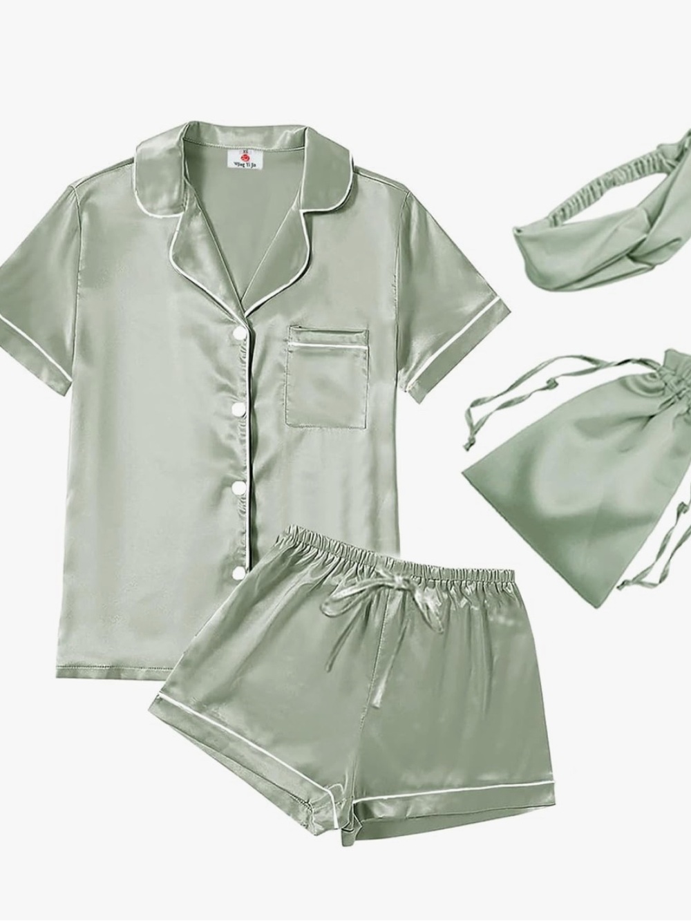 Satin Short Sleeve Pajama Set with Headband and Bag - Sage Green